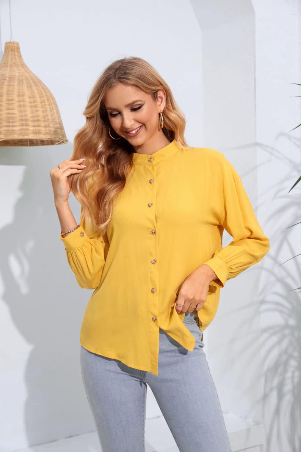 with Long Mock Arm Buttoned Blouse Neck