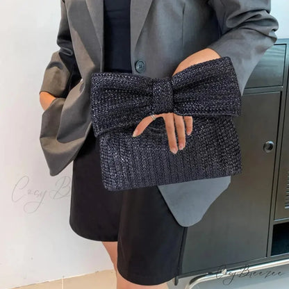 Beach Bow Crescent Shape Straw Clutch Black wristlet-250126