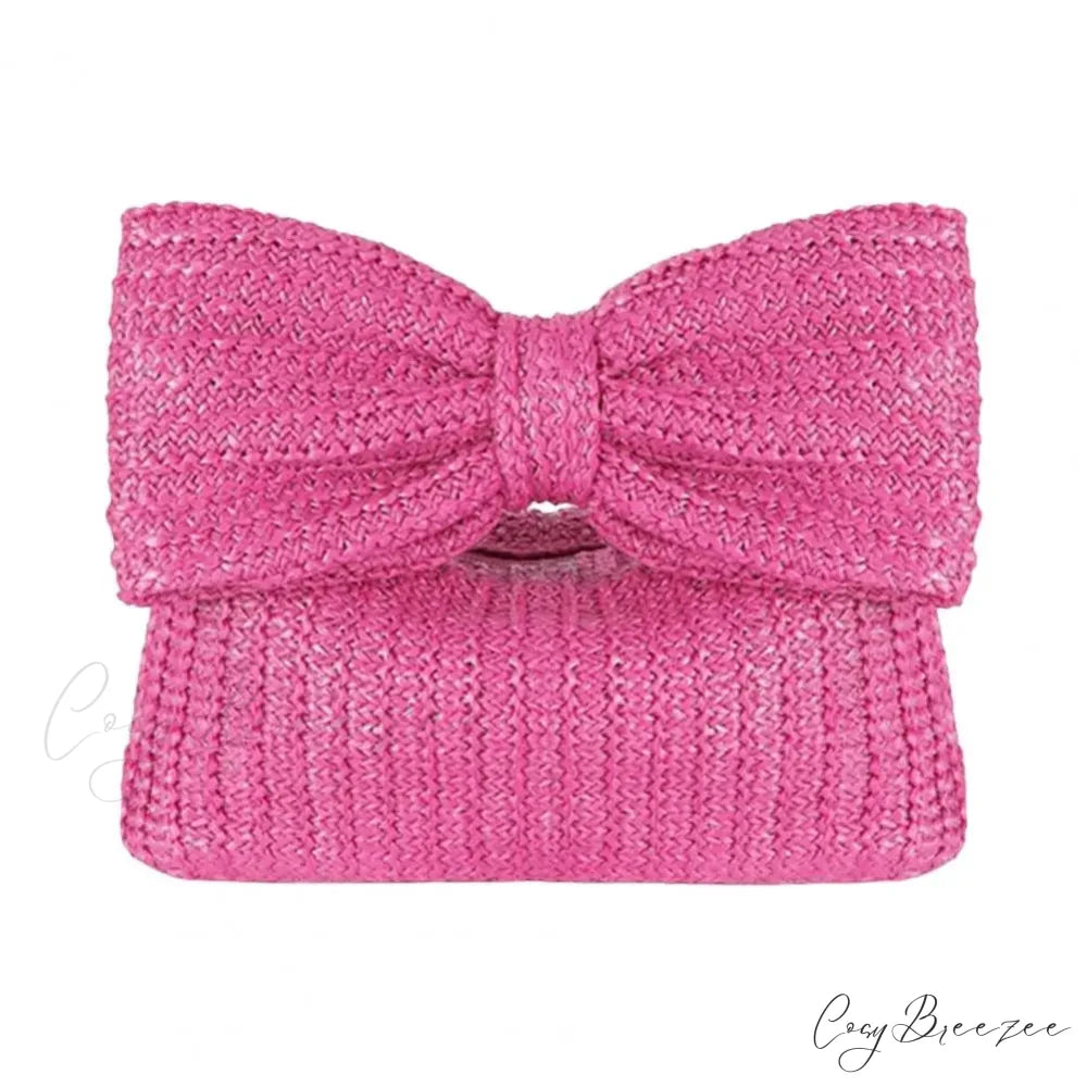 Beach Bow Crescent Shape Straw Clutch Rose Red wristlet-250126
