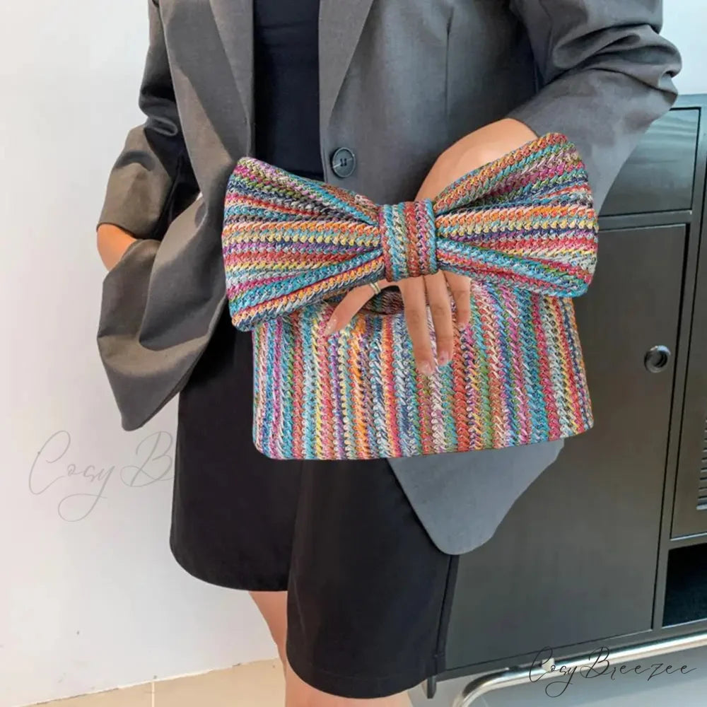 Beach Bow Crescent Shape Straw Clutch wristlet-250126