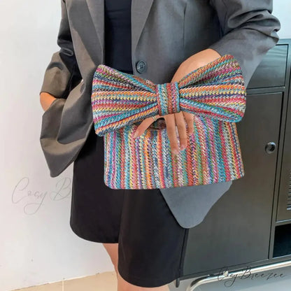 Beach Bow Crescent Shape Straw Clutch wristlet-250126