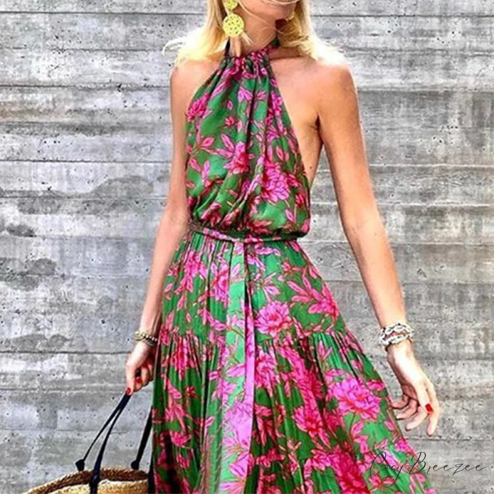 Beach Floral Halter-neck Backless Bohemia Maxi Dress