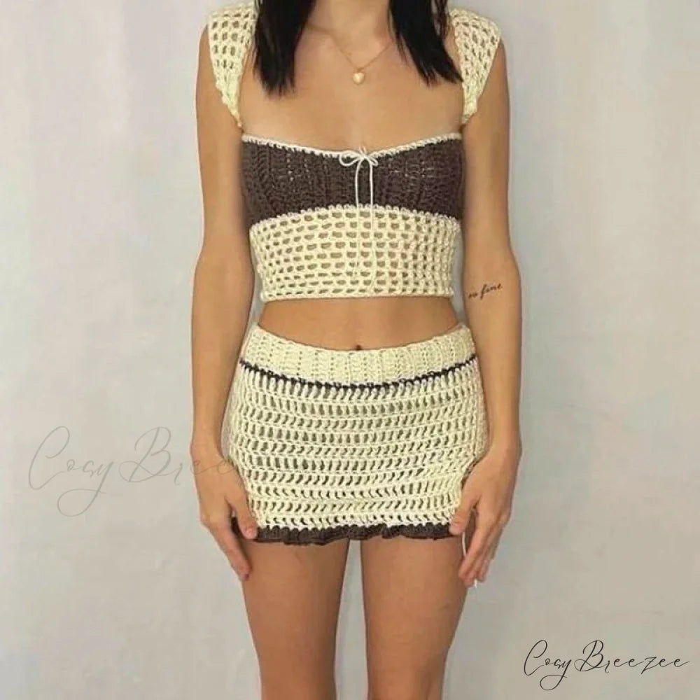 Beach Holiday Crochet Hollow Out Crop Tops Backless Mini Skirt twopiecesset-250126