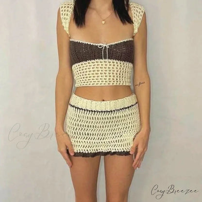 Beach Holiday Crochet Hollow Out Crop Tops Backless Mini Skirt twopiecesset-250126