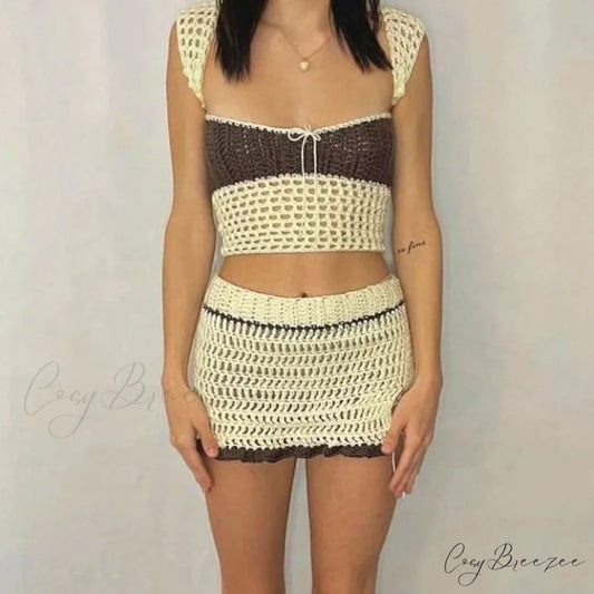 Beach Holiday Crochet Hollow Out Crop Tops Backless Mini Skirt twopiecesset-250126