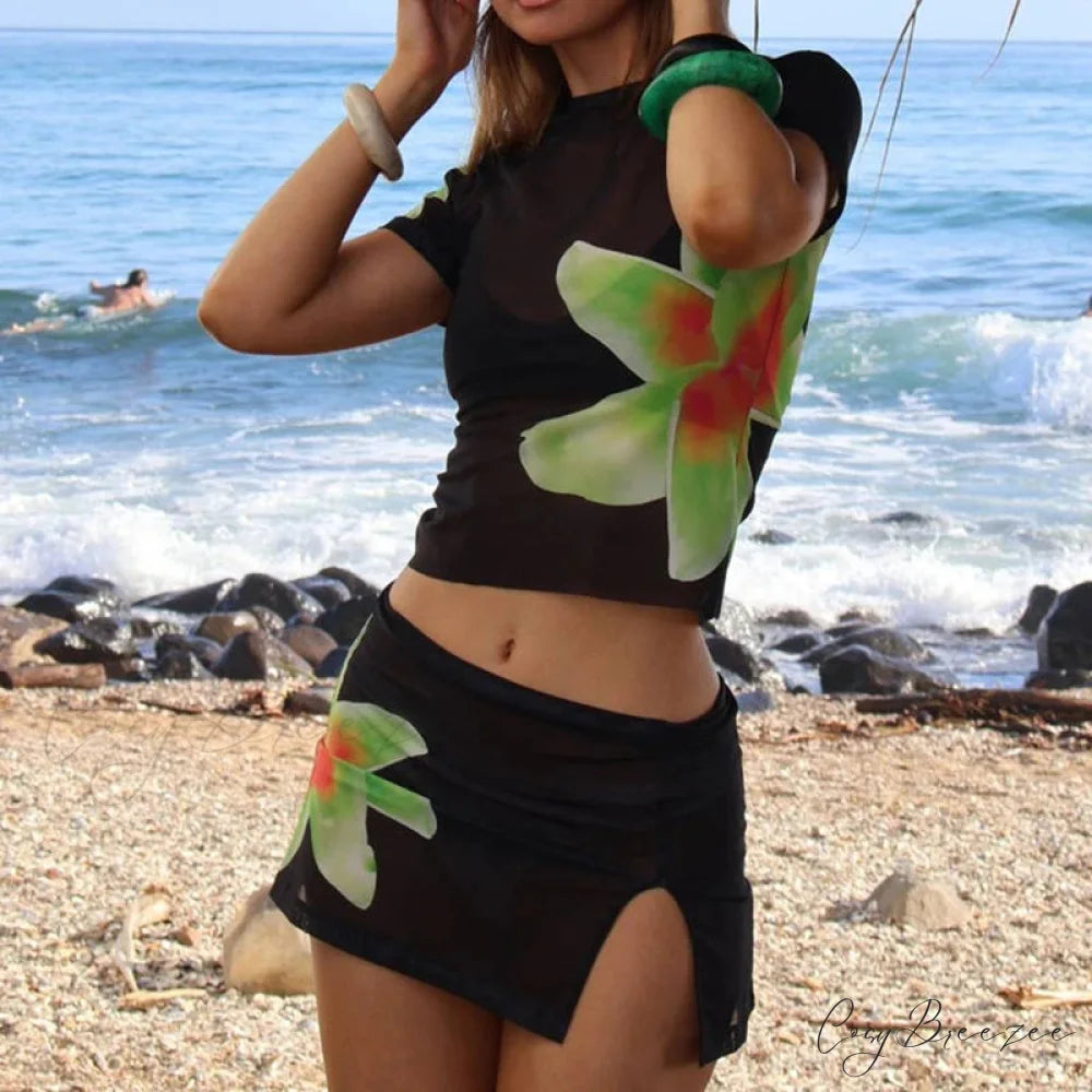 Beach Holiday Floral Sheer Mesh T-Shirt + Mini Skirt twopiecesset-250126