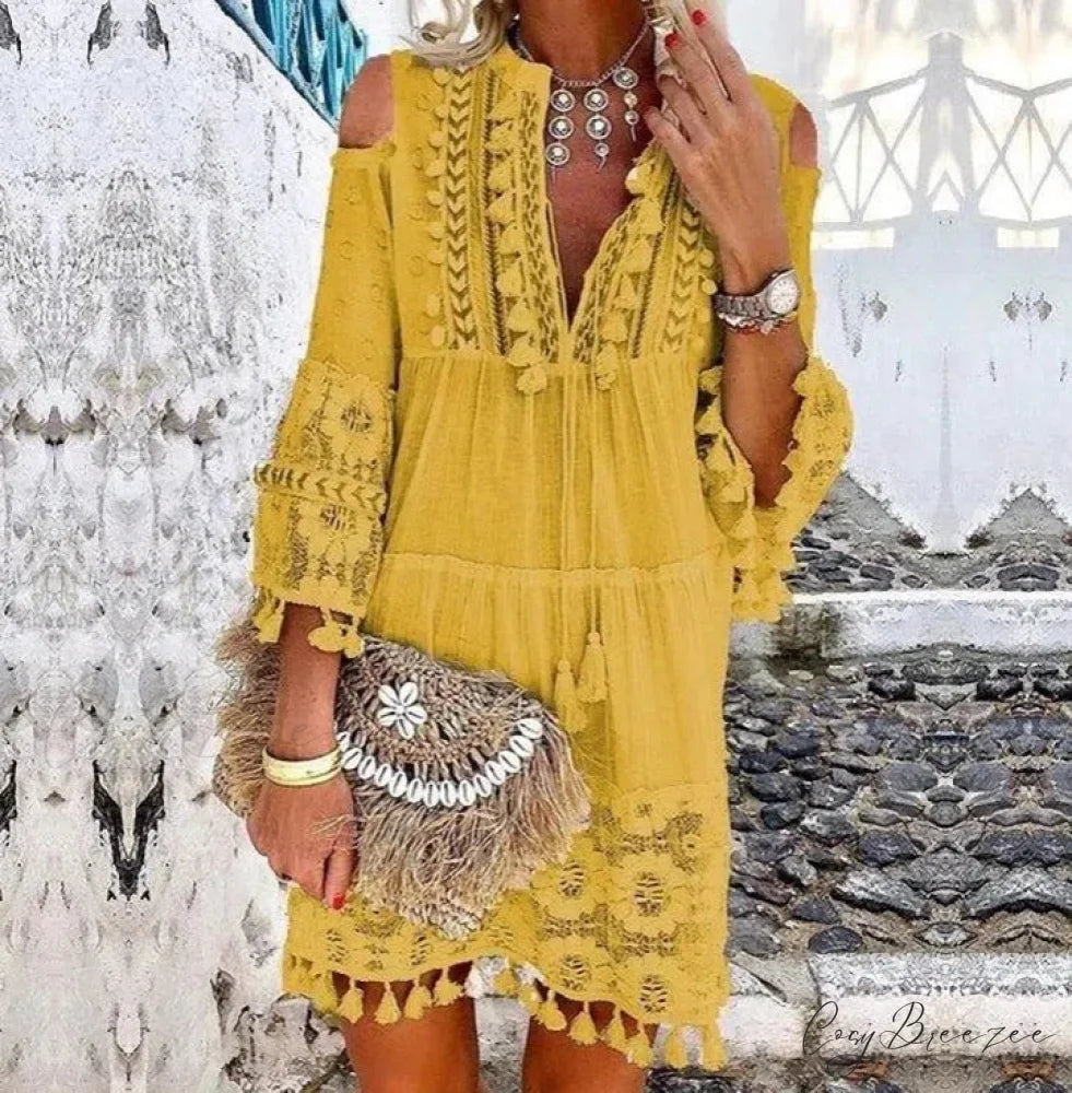 Beach Mini Dress with 3/4 Sleeves S / Blue
