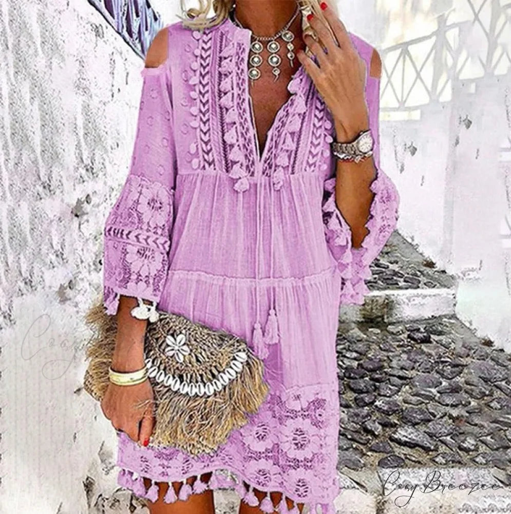 Beach Mini Dress with 3/4 Sleeves S / Khaki