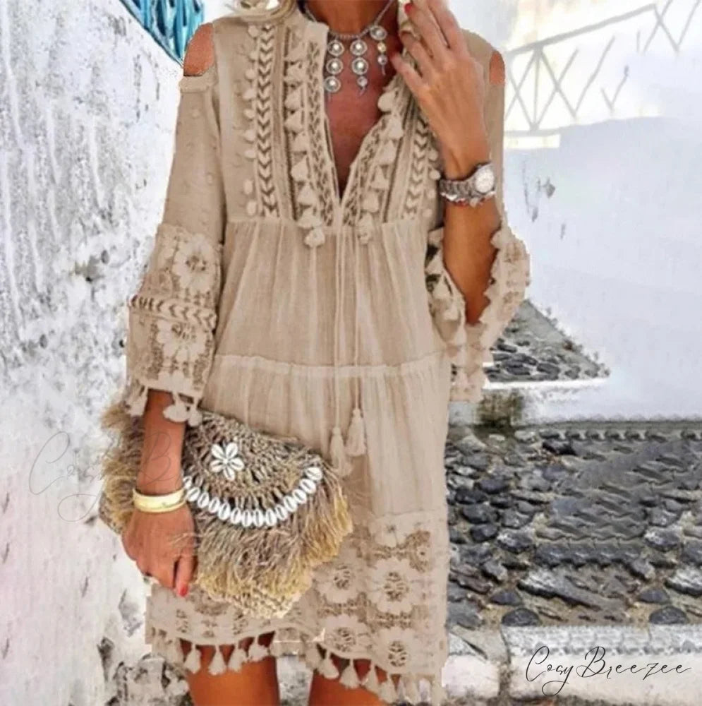 Beach Mini Dress with 3/4 Sleeves S / Pink