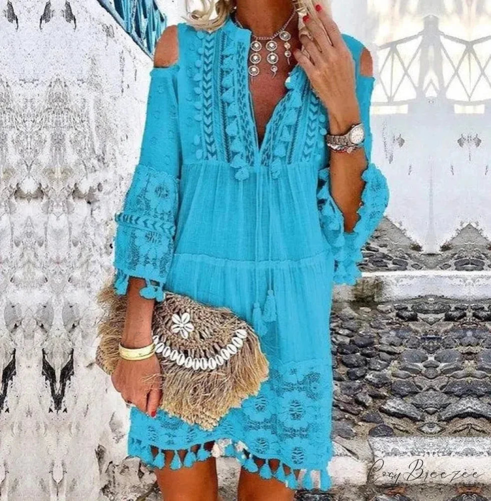 Beach Mini Dress with 3/4 Sleeves S / Purple