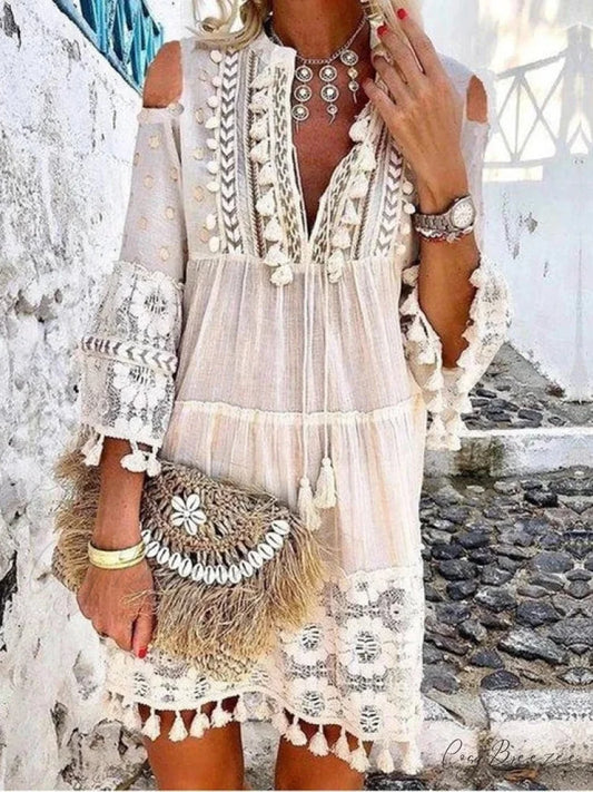 Beach Mini Dress with 3/4 Sleeves S / White