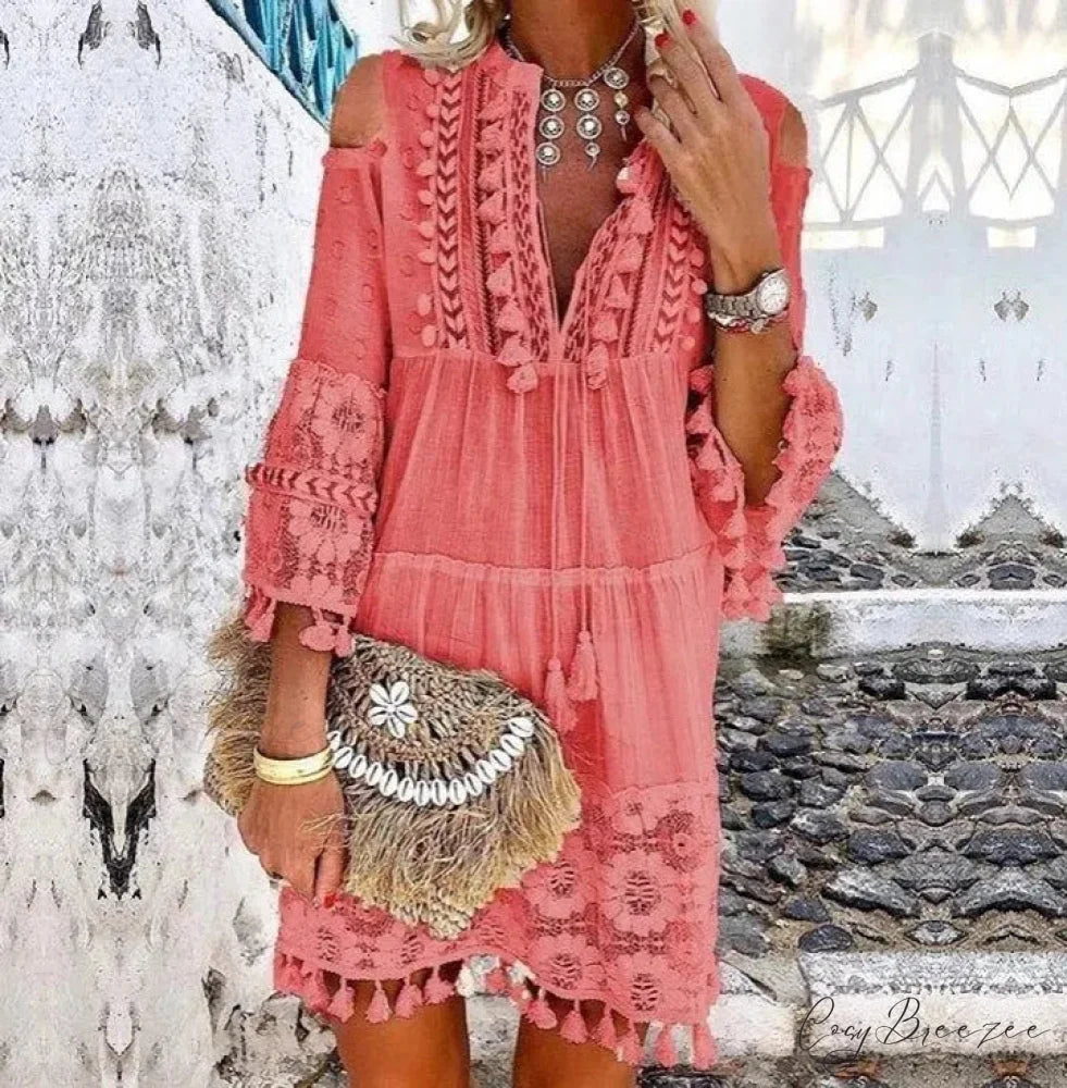 Beach Mini Dress with 3/4 Sleeves S / Yellow