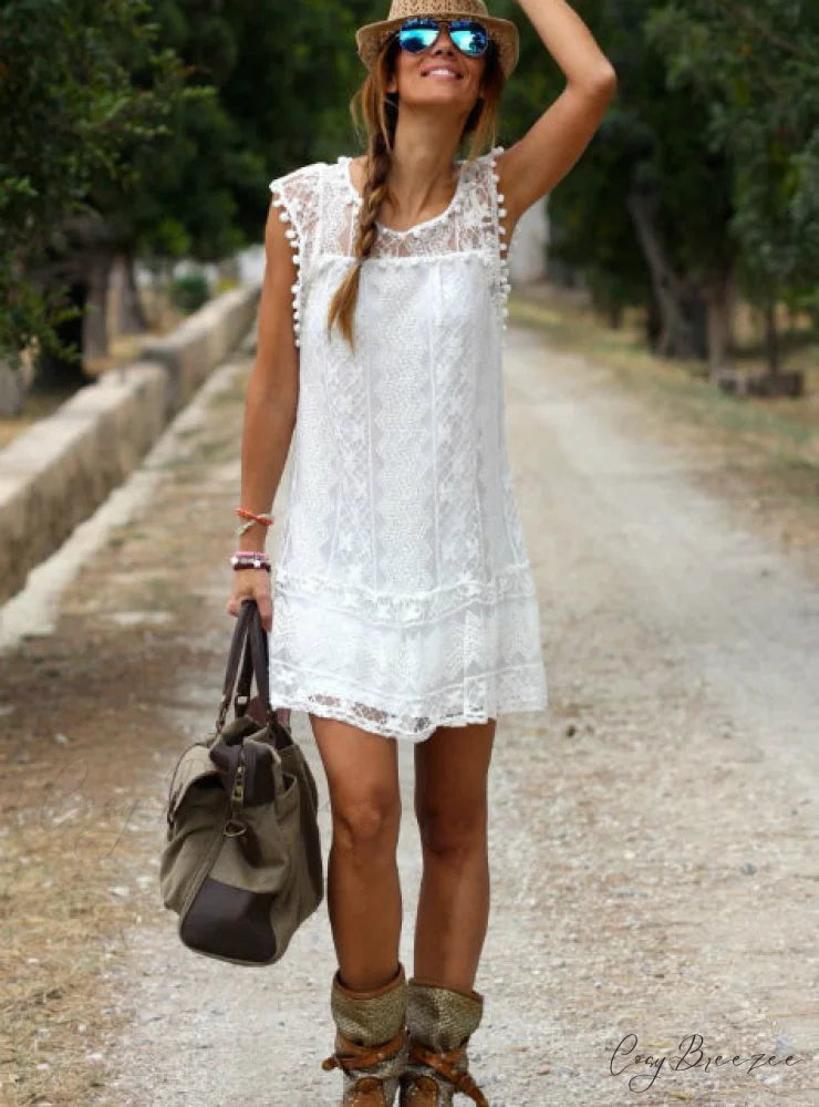 Beach Short Dress with Tassel in Black and White - Mini Lace Dress