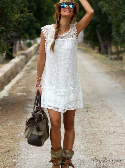 Beach Short Dress with Tassel in Black and White - Mini Lace Dress