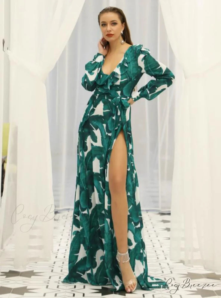 Beach Skirt Long Sleeve Dress with Waist Strap and Flounces