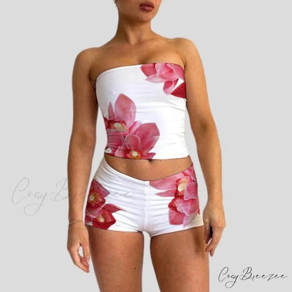 Beach Vacation Flower Print Strapless Crop + Skinny Mini Skirt Coral / S twopiecesset-250126
