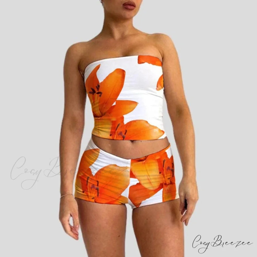 Beach Vacation Flower Print Strapless Crop + Skinny Mini Skirt ORANGE / S twopiecesset-250126