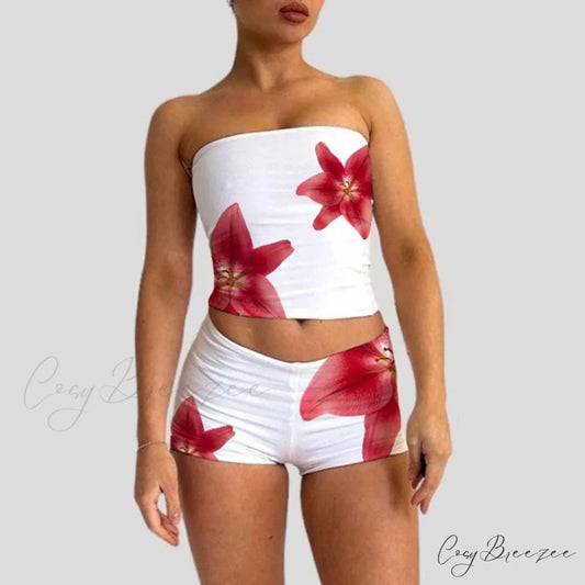 Beach Vacation Flower Print Strapless Crop + Skinny Mini Skirt RED / S twopiecesset-250126