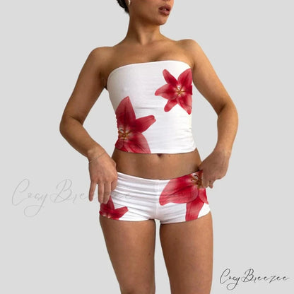 Beach Vacation Flower Print Strapless Crop + Skinny Mini Skirt twopiecesset-250126