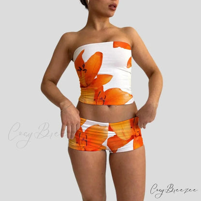 Beach Vacation Flower Print Strapless Crop + Skinny Mini Skirt twopiecesset-250126