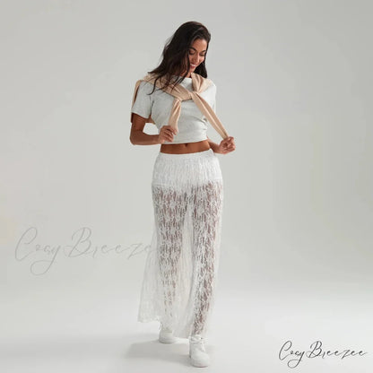 Beachwear Floral Lace Lotus Edge Sheer Long Skirt WHITE / S skirt-250126