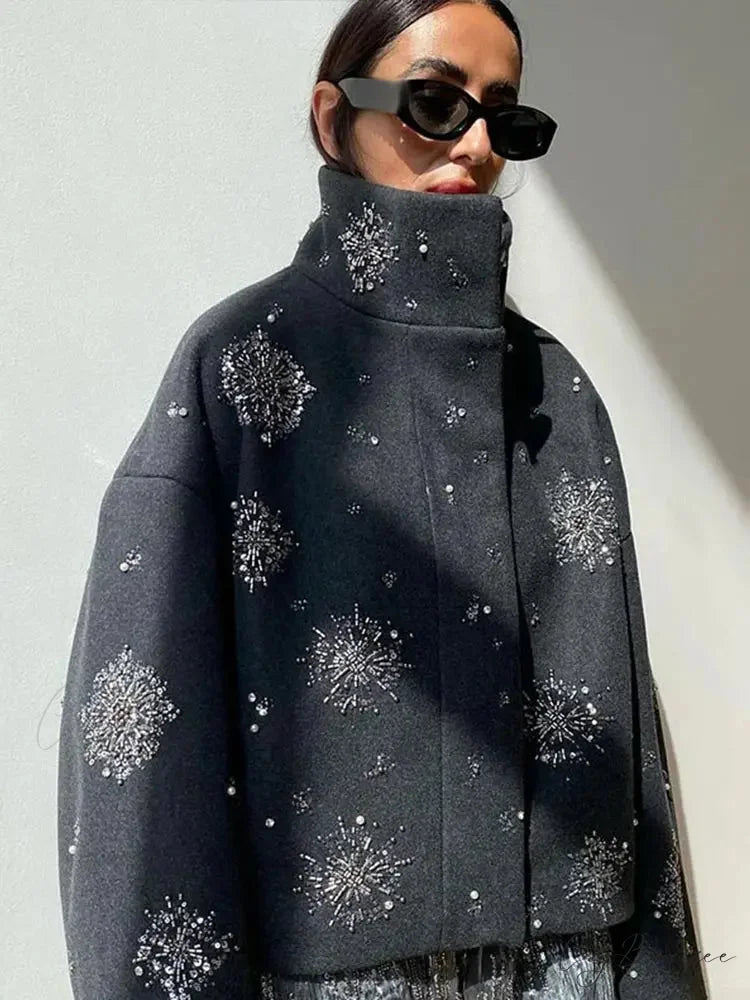 Beaded Flower Sequin Stand Collar Coat Gray / XS overcoats-241228