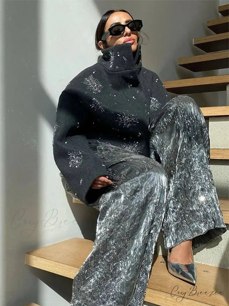 Beaded Flower Sequin Stand Collar Coat overcoats-241228