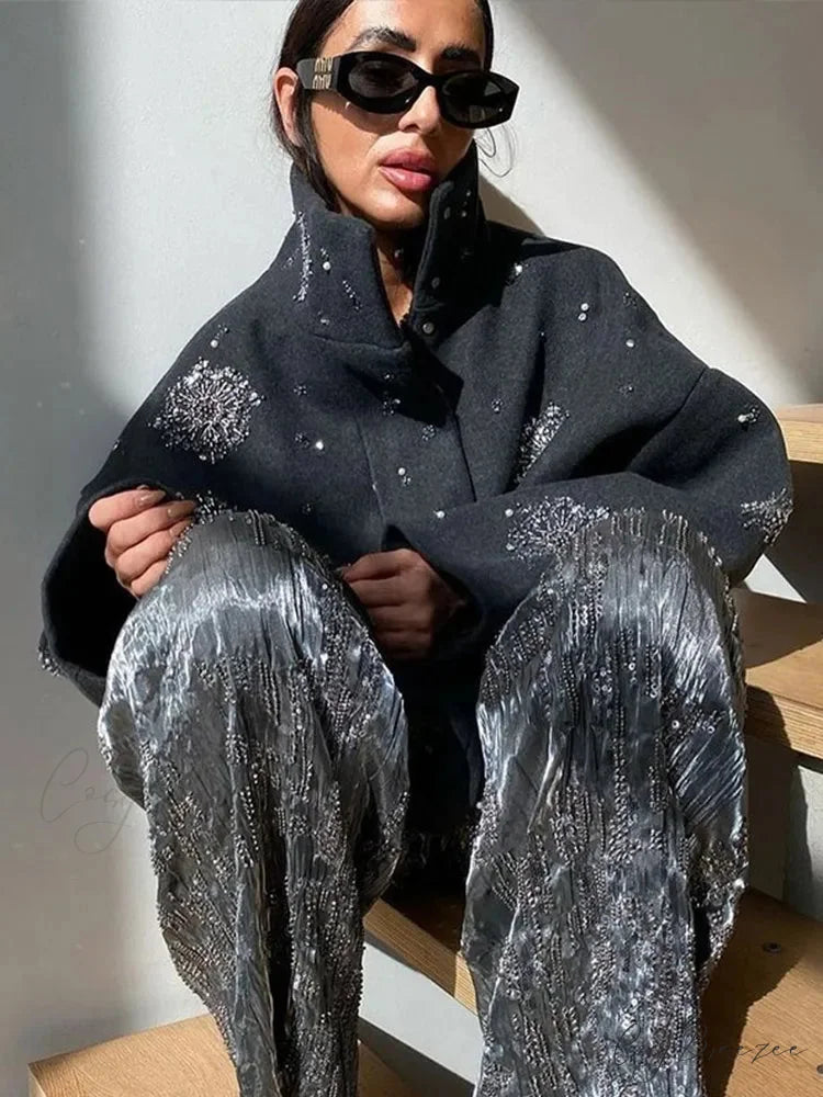 Beaded Flower Sequin Stand Collar Coat overcoats-241228