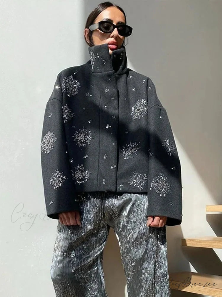 Beaded Flower Sequin Stand Collar Coat overcoats-241228