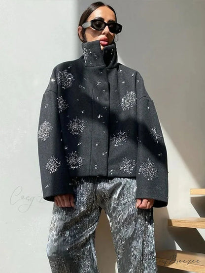Beaded Flower Sequin Stand Collar Coat overcoats-241228