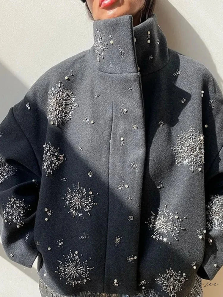 Beaded Flower Sequin Stand Collar Coat overcoats-241228