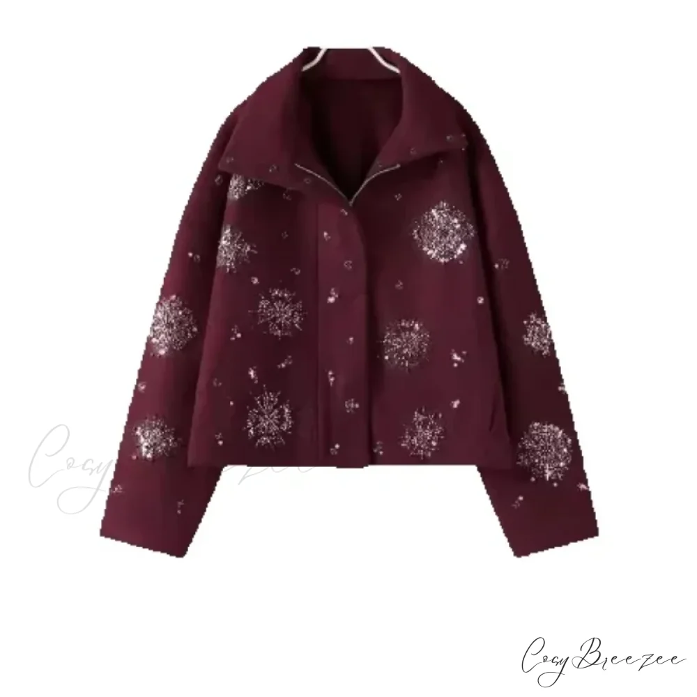 Beaded Flower Sequin Stand Collar Coat Red / XS overcoats-241228
