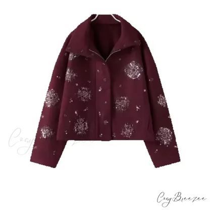 Beaded Flower Sequin Stand Collar Coat Red / XS overcoats-241228