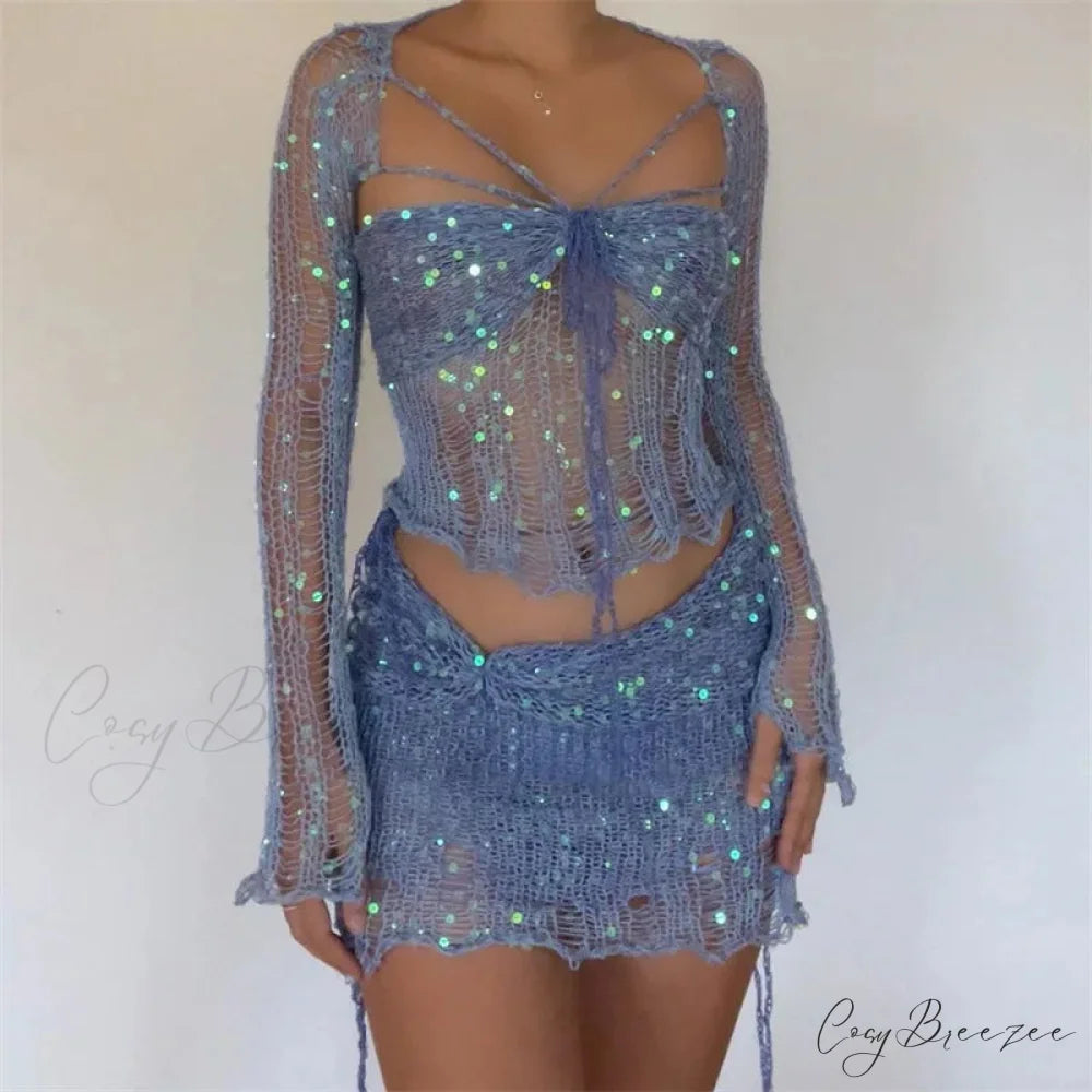 Beaded Sweater Maxi Dress Blue / S