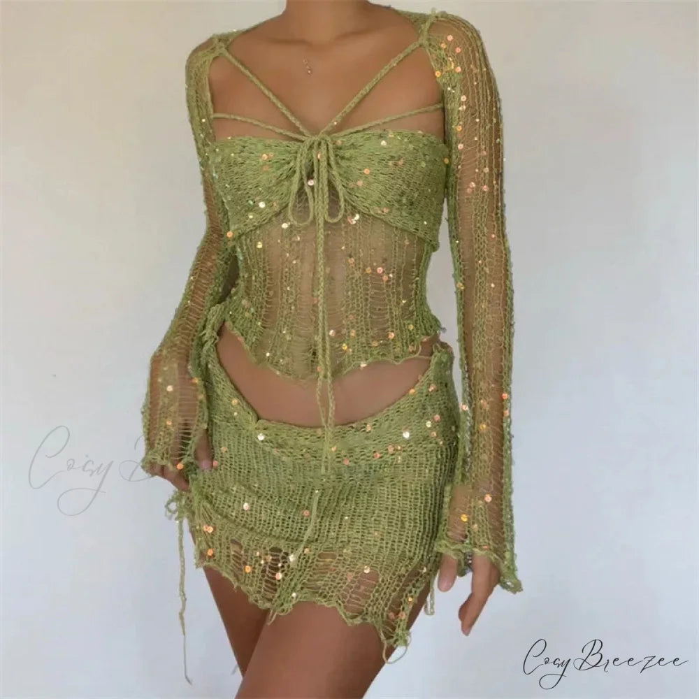Beaded Sweater Maxi Dress Green / S