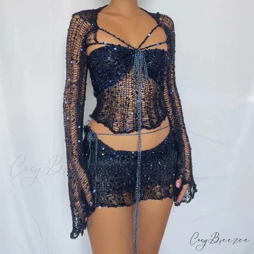 Beaded Sweater Maxi Dress Navy Blue / S