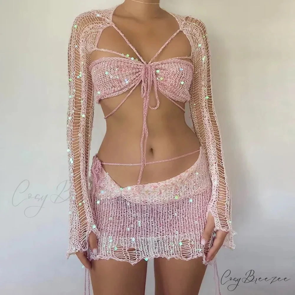 Beaded Sweater Maxi Dress Pink / S
