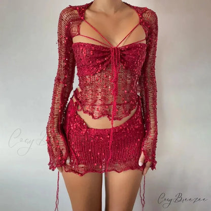 Beaded Sweater Maxi Dress Red / S