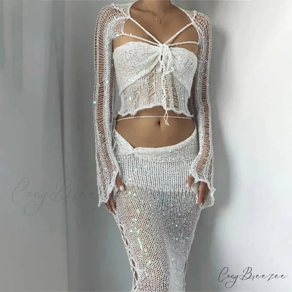 Beaded Sweater Maxi Dress WHITE / S