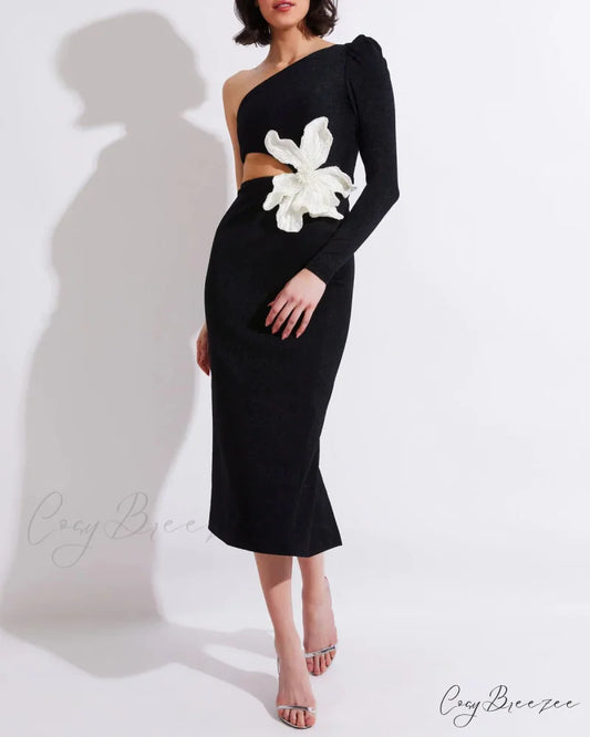Beading Flower One-Shoulder Party Dress Black / S