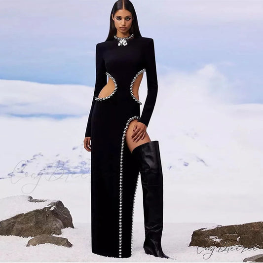 Beading Maxi Long Bodycon Bandage Dress Black / S