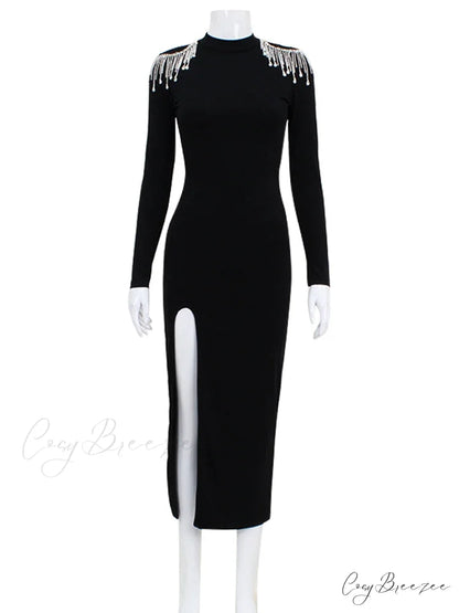 Beading Split Sexy Club Women Dresses Half High Neck Long Sleeve Christmas Party Dress