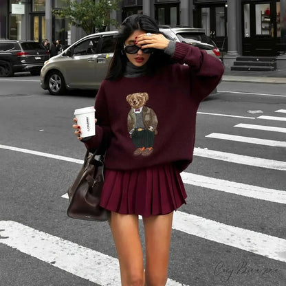 Bear Embroidery Cartoon College Wind Sweater dark red / S swraters-241228
