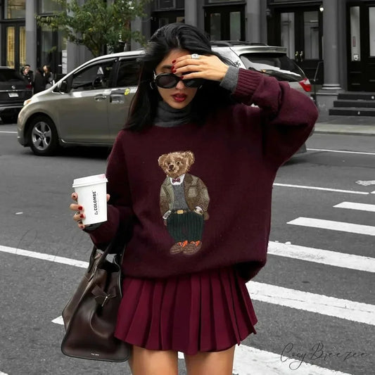 Bear Embroidery Cartoon College Wind Sweater swraters-241228