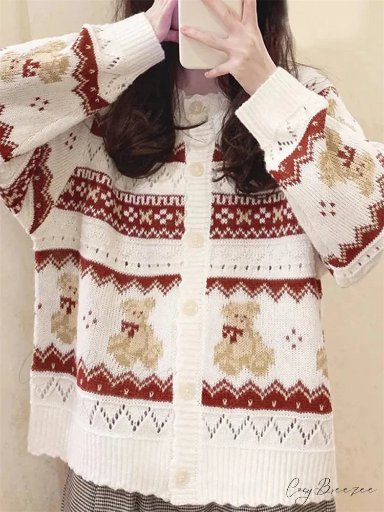Bear Print Full Sleeve Button-Down Cardigan cardigans-241228