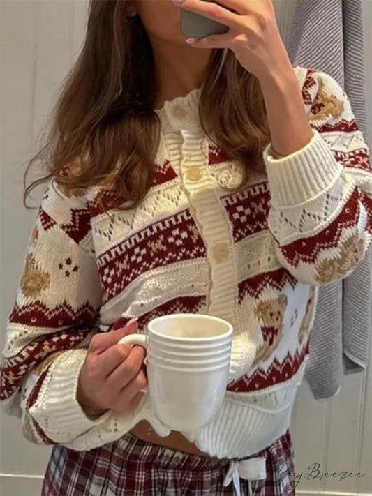 Bear Print Full Sleeve Button-Down Cardigan cardigans-241228