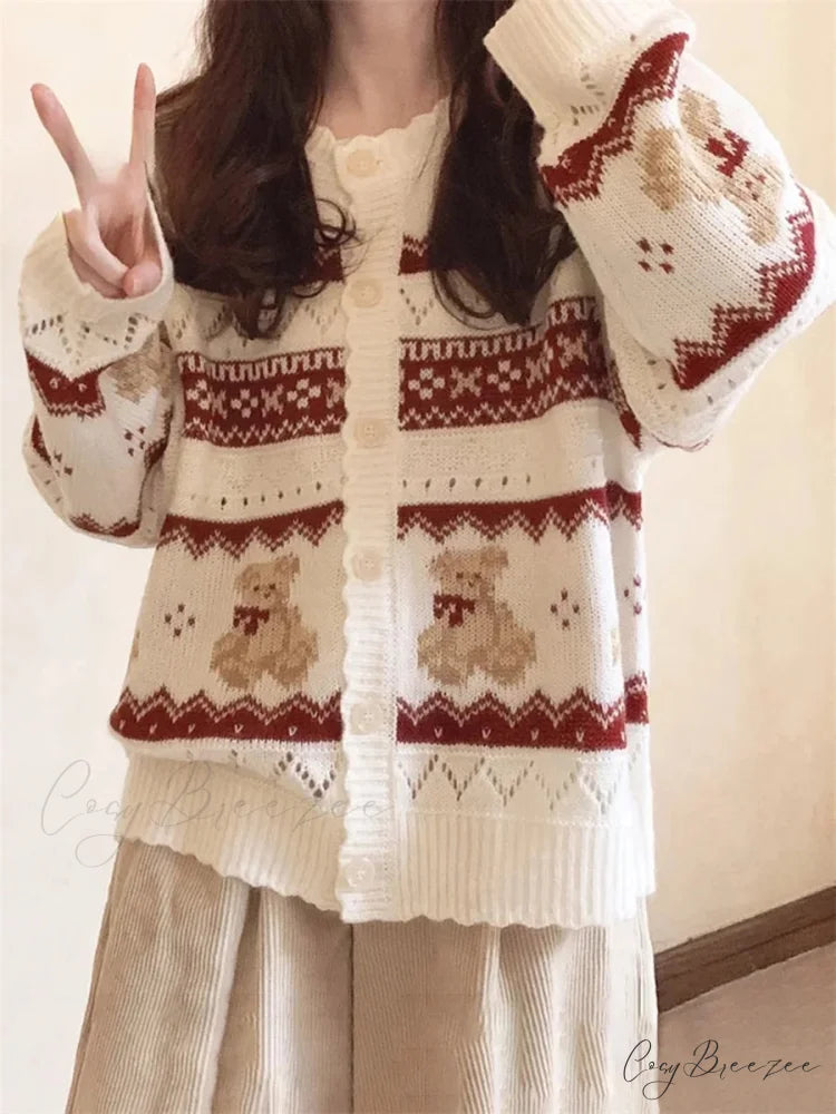 Bear Print Full Sleeve Button-Down Cardigan cardigans-241228