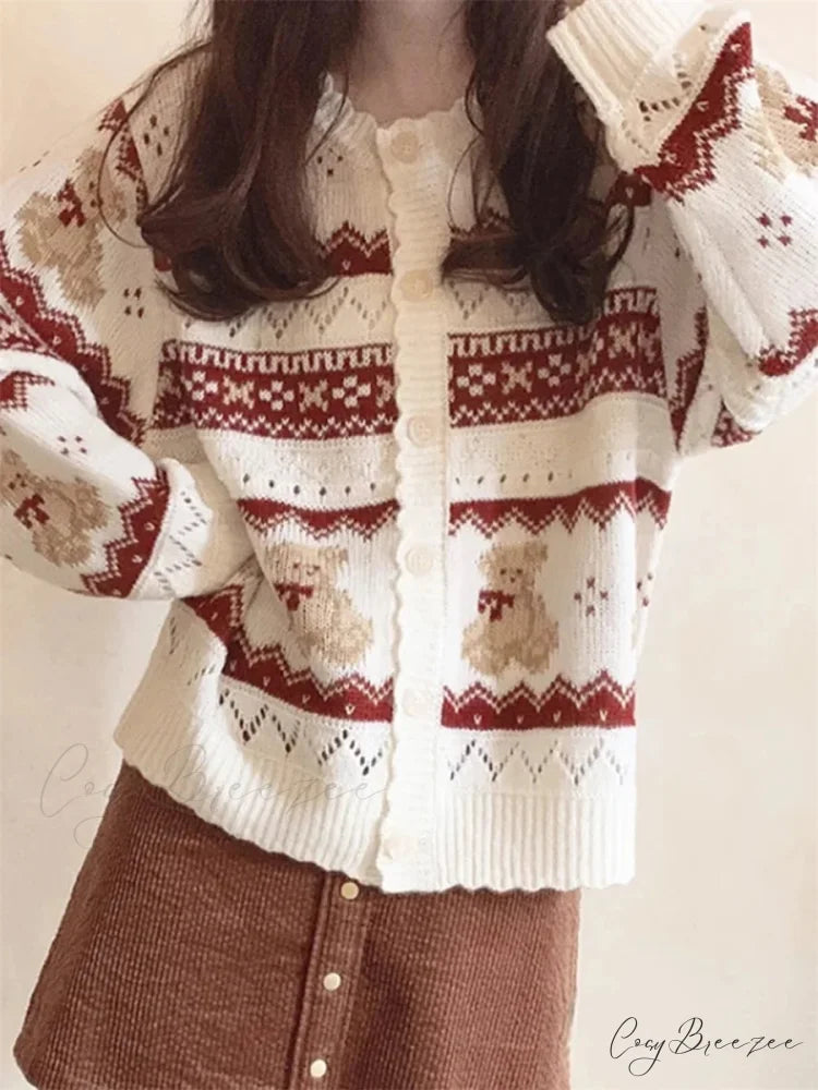 Bear Print Full Sleeve Button-Down Cardigan white / S cardigans-241228