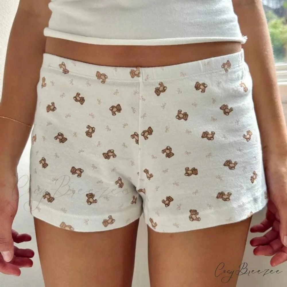 Bear Print Retro Slim Fit Camis Low Rise Shorts Two Pieces Set Shorts / S twopiecesset-250126