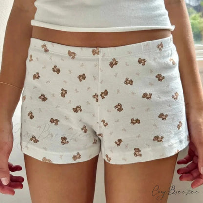Bear Print Retro Slim Fit Camis Low Rise Shorts Two Pieces Set Shorts / S twopiecesset-250126